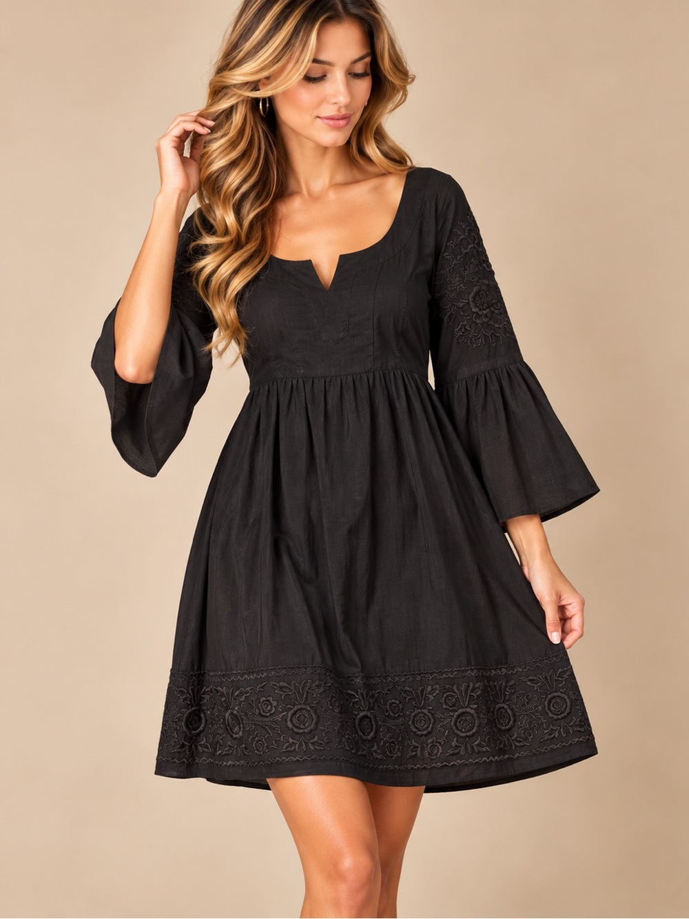 Ivy Jane Black Sheer Embroidered Bell Sleeve Dress Size Small Boho Tunic